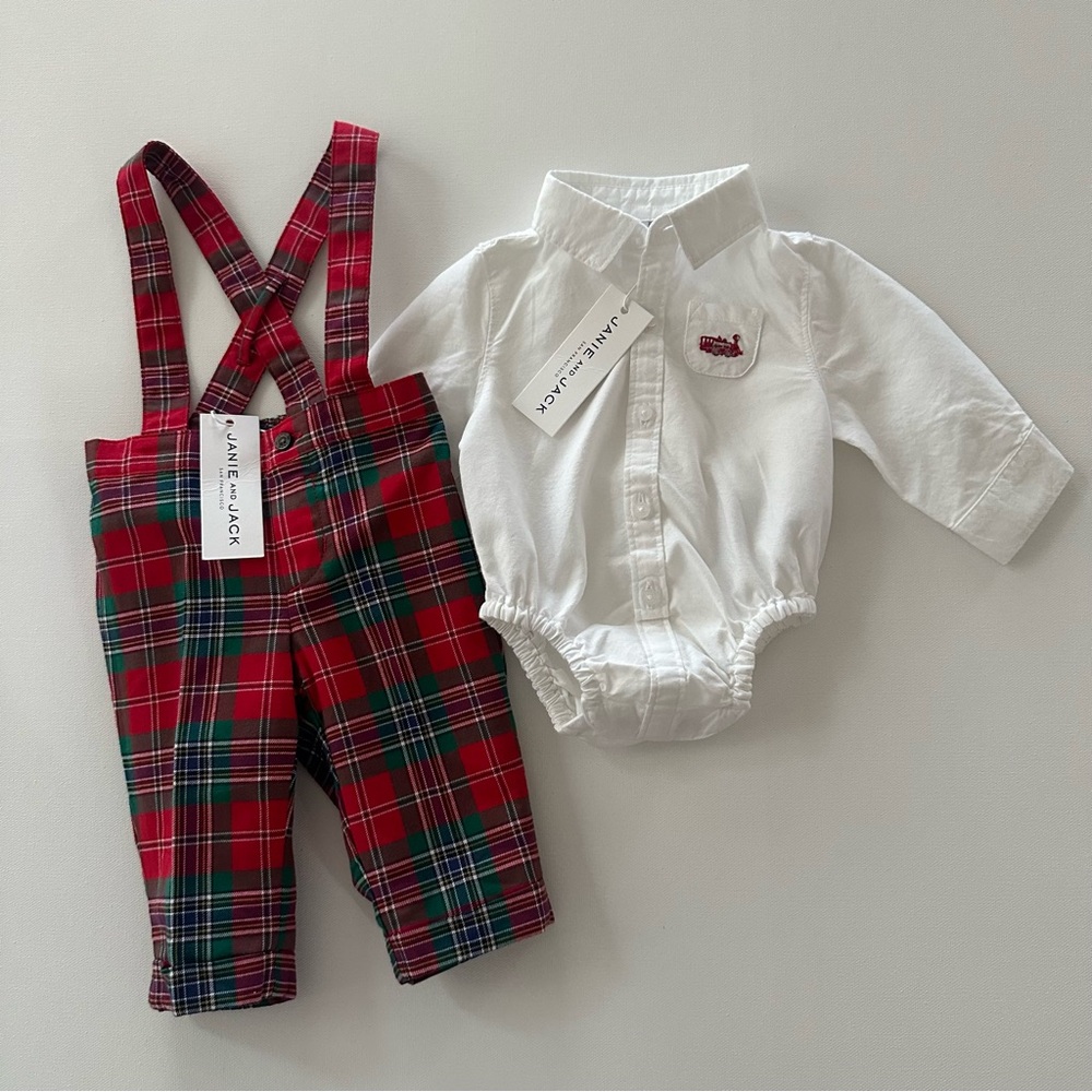 Janie and Jack 0-3 Months Red Plaid Suspender Pant Set Train Bodysuit Christmas